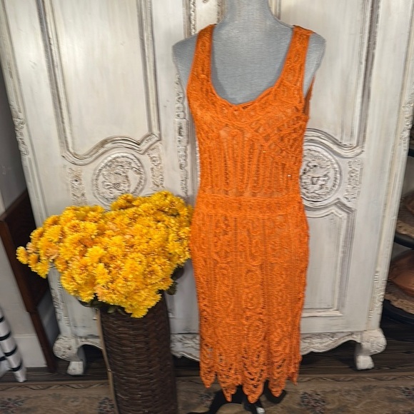 R&M Richards Elegant Orange Beaded Battenberg Lace Dress Special Occassion - Picture 1 of 10
